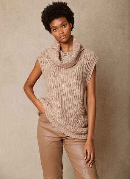 Camel Roll Neck Knitted Vest