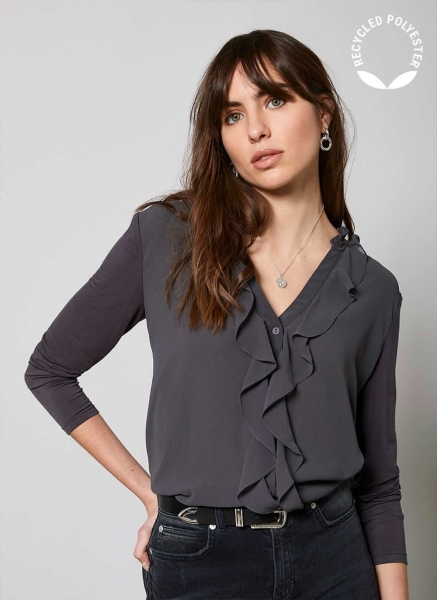 Dark Grey Ruffle Long Blouse