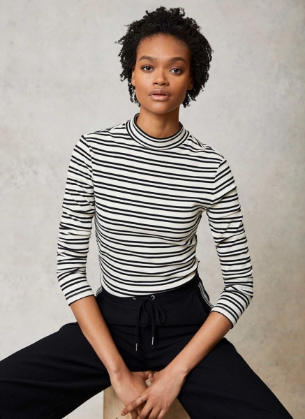 White Stripe High Neck Rib Top